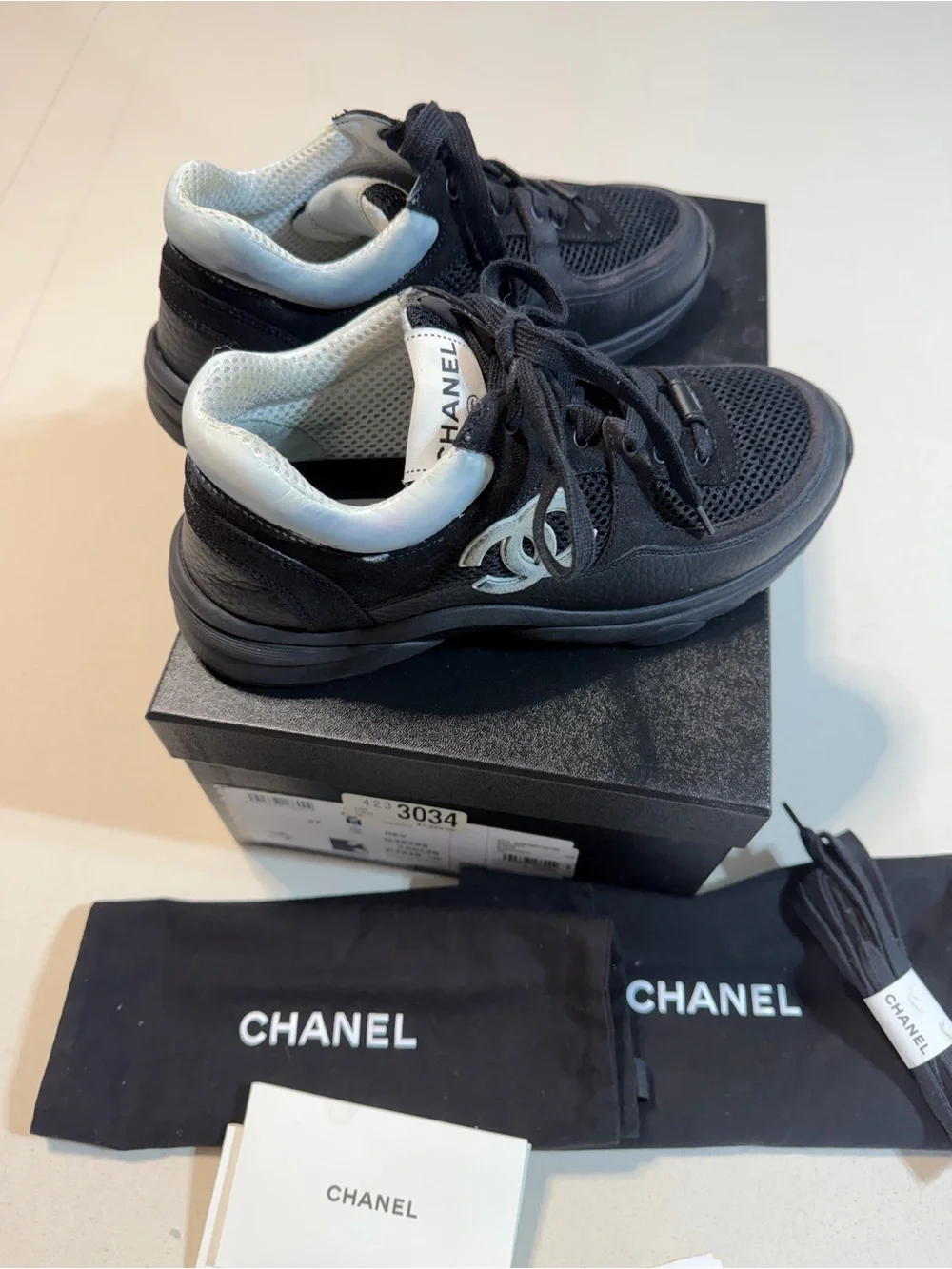 CHANEL Black Mesh & Leather Low-Top Sneakers